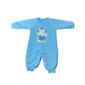 Vintage Baby Quilted One Piece Pajamas Applique Snap Closure Blue Infant Frog 12